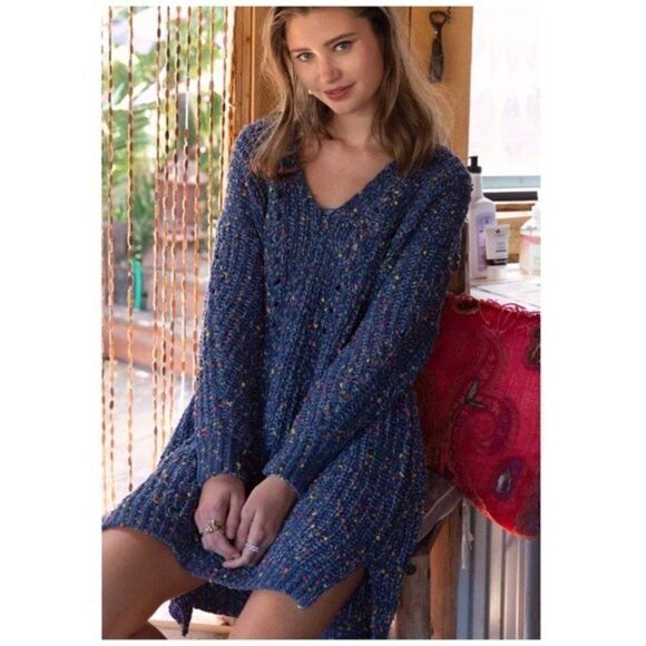 chenille V-Neck Sweater Dress In Indigo - Picture 1 of 10